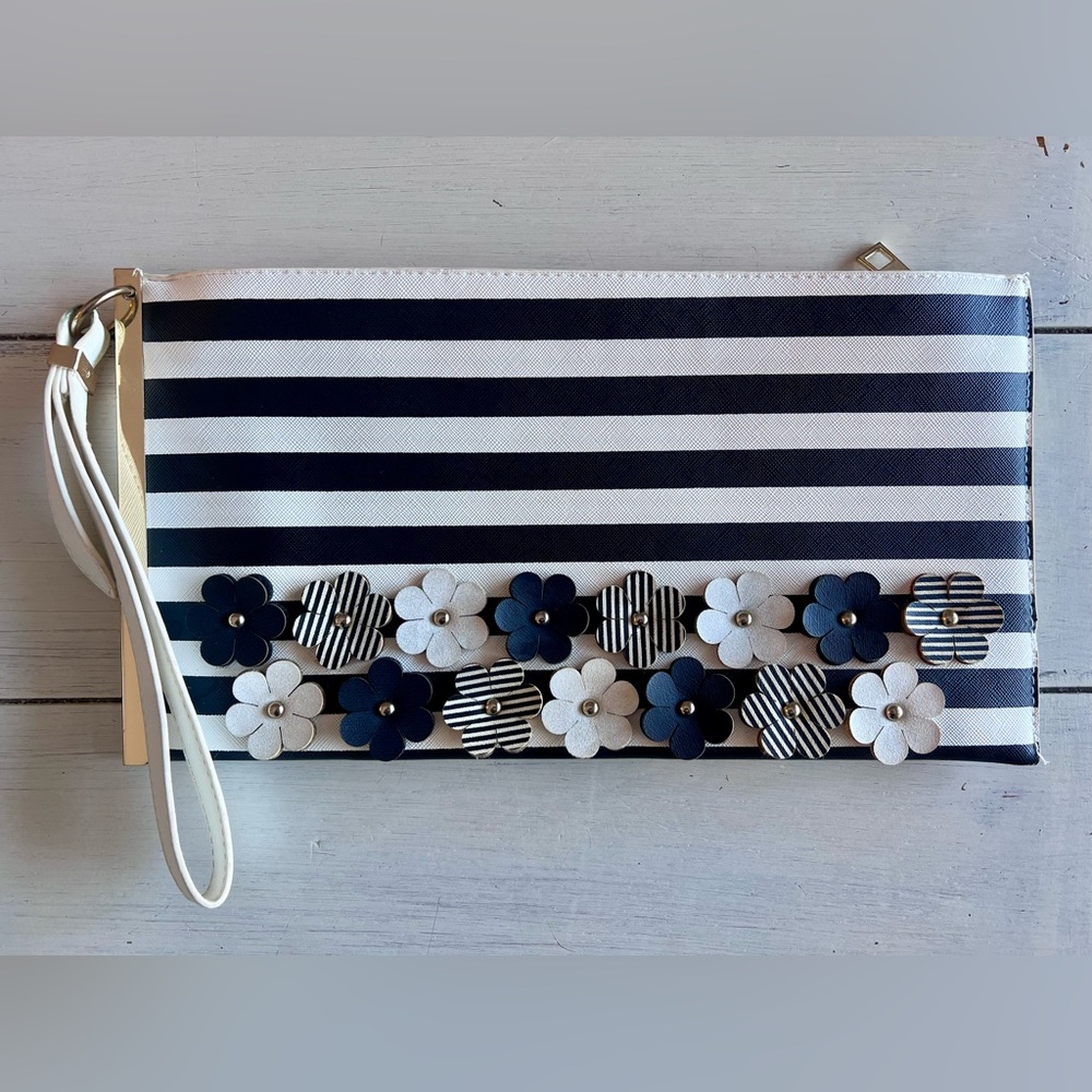 Black and White Striped Floral Clutch